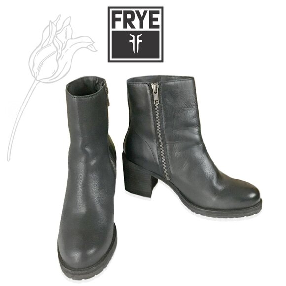 Frye Karen Inside Zip Up Black Real Leather Comfy Chunky Heel Ankle Booties - Picture 1 of 13